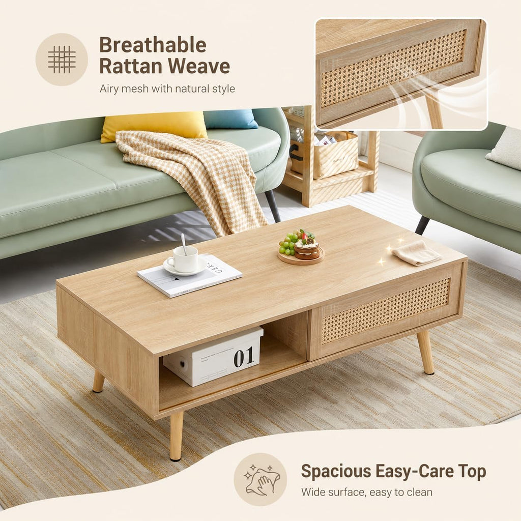 Boho Coffee Table & TV Stand Set of 2, Sliding Door Storage, Natural | Boho Entertainment Center Sturdy Frame, Natural TV Console Coffee Table with Sliding Door, Living Room Storage, Easy Assembly