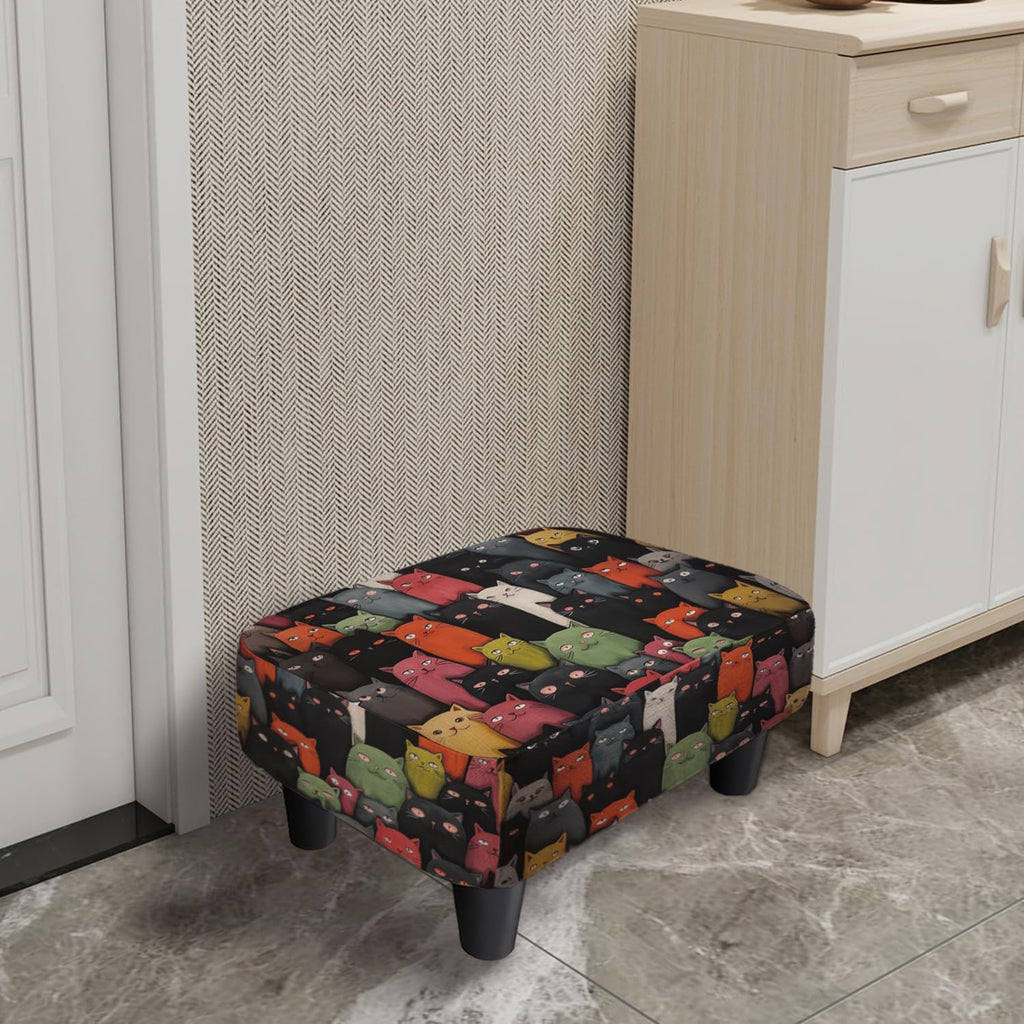Cartoon Cat Print Square Linen Small Footstool Ottoman for Living Room