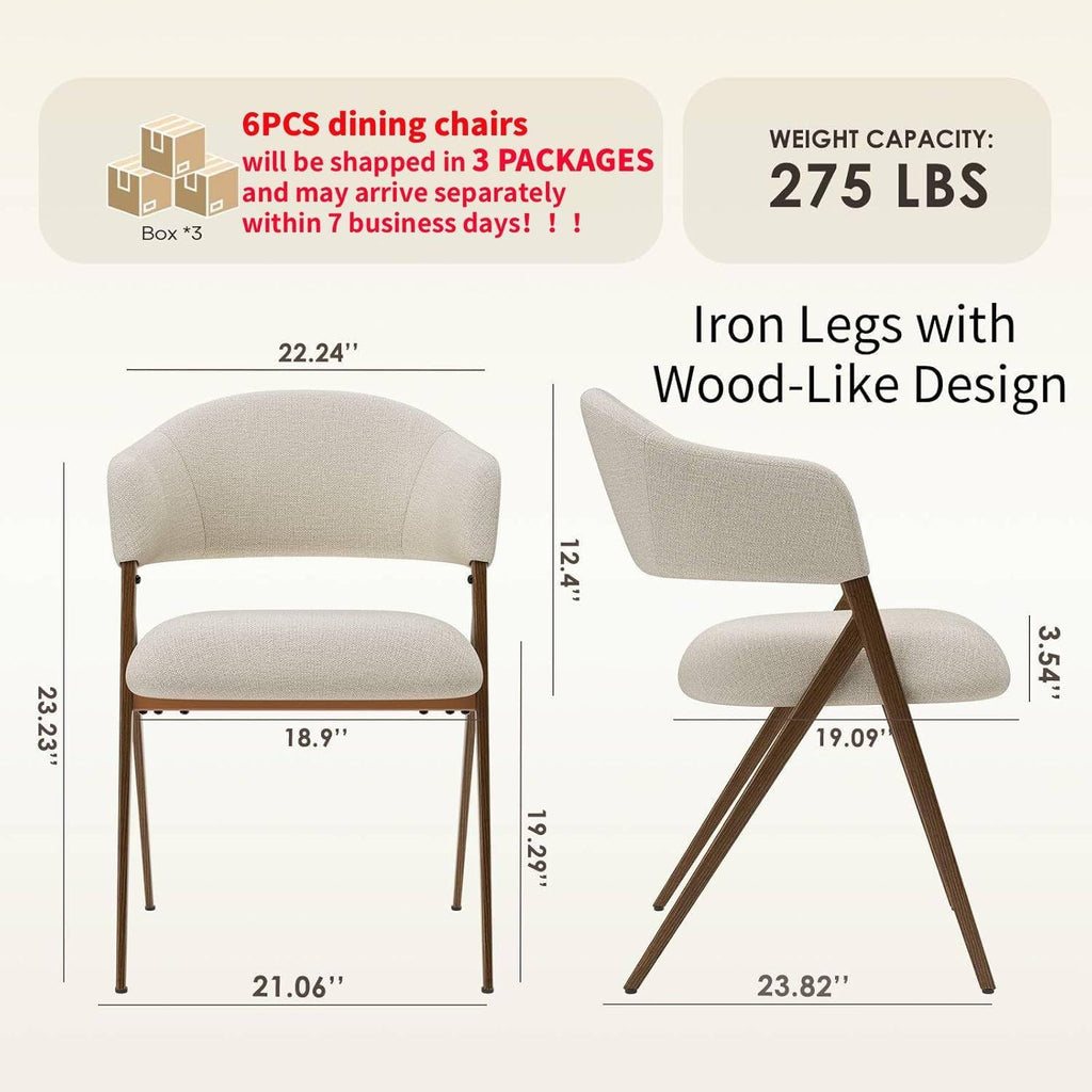 COLAMY Modern Dining Chairs Set of 6, Upholstered Fabric Dining Room Kitchen Island Dinner Chairs with Iron Legs, Open Back and Padded Seat for Living Room/Bedroom/Restaurant/Cafe, Beige