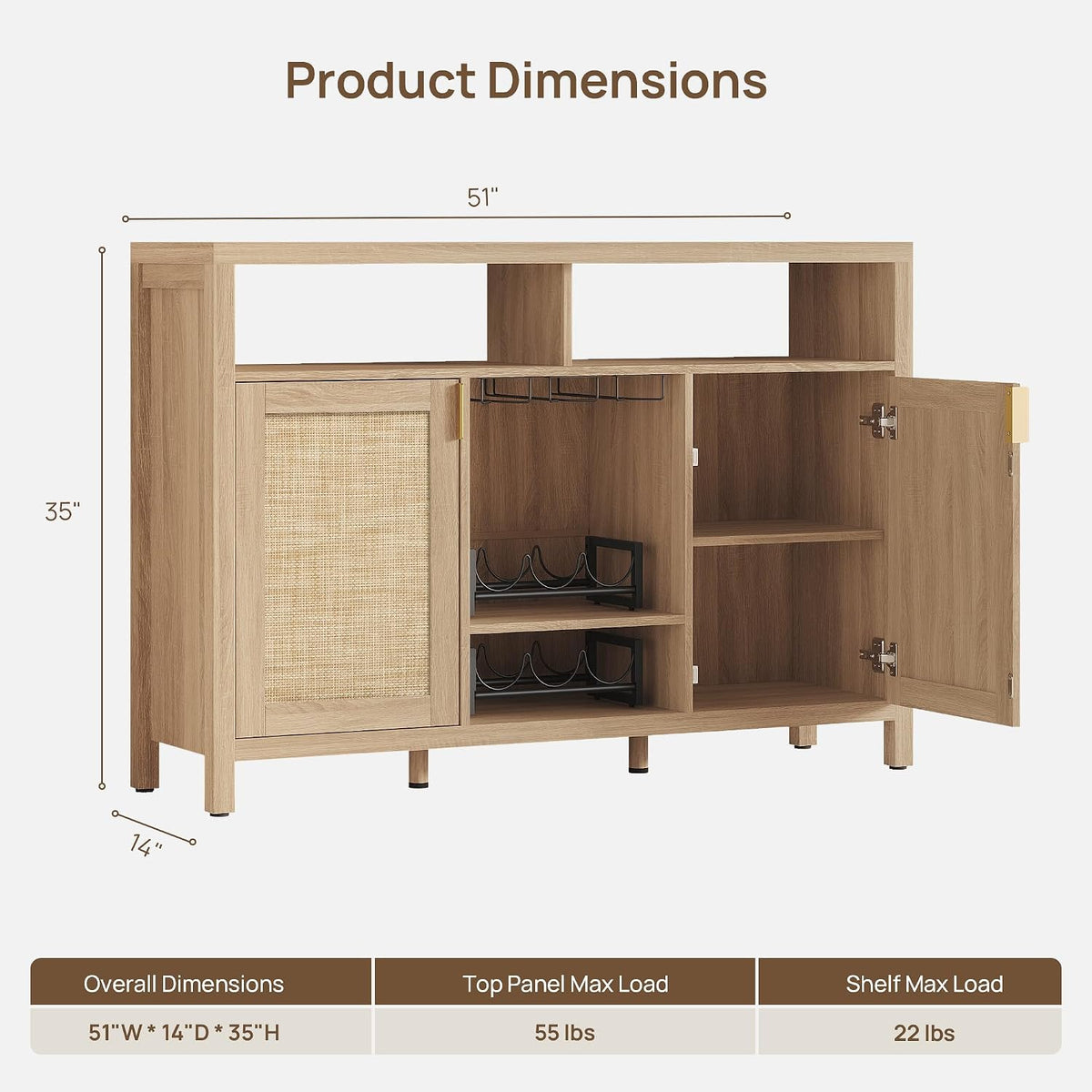 SICOTAS 51" Coffee Bar Cabinet with Storage, Rattan Bar Cart Liquor Cabinet | Large Home Bar Table Wine Cabinet with Wine Racks & Metal Glass Holders, Boho Sideboard Buffet Cabinet for Dining Living Room