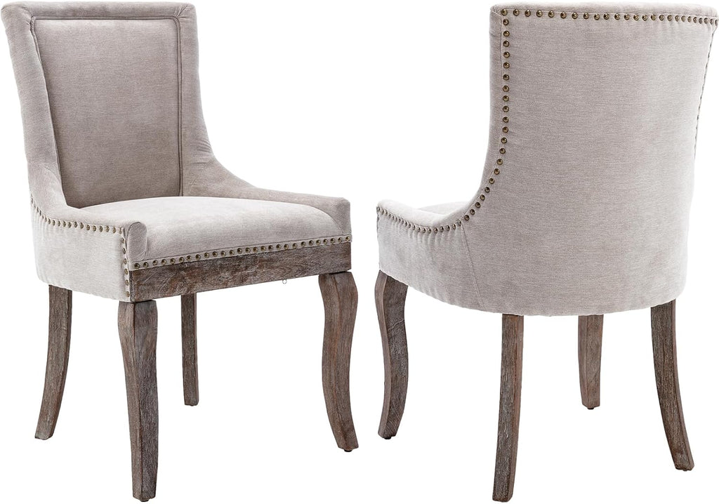 Modern Dining Chairs Set of 2, Fabric Upholstered High Back Chairs with Nailhead Trim and Curved Solid Wood Legs, Sillas de Comedor Accent Chairs for Dining Room, Beige