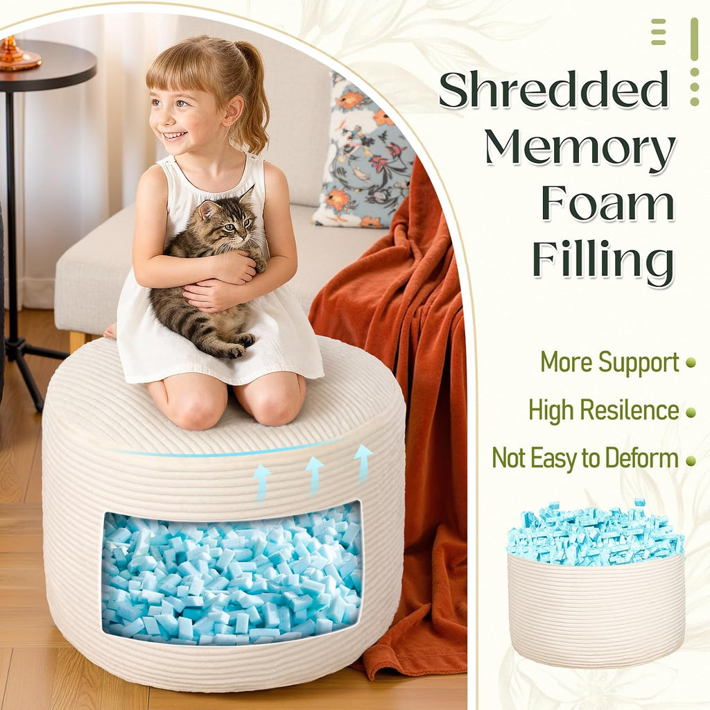 Round Corduroy Footstool Pouf for Couch | Soft plush shredded foam filled hassock stool. Perfect for living room use as foot rest or ottoman.