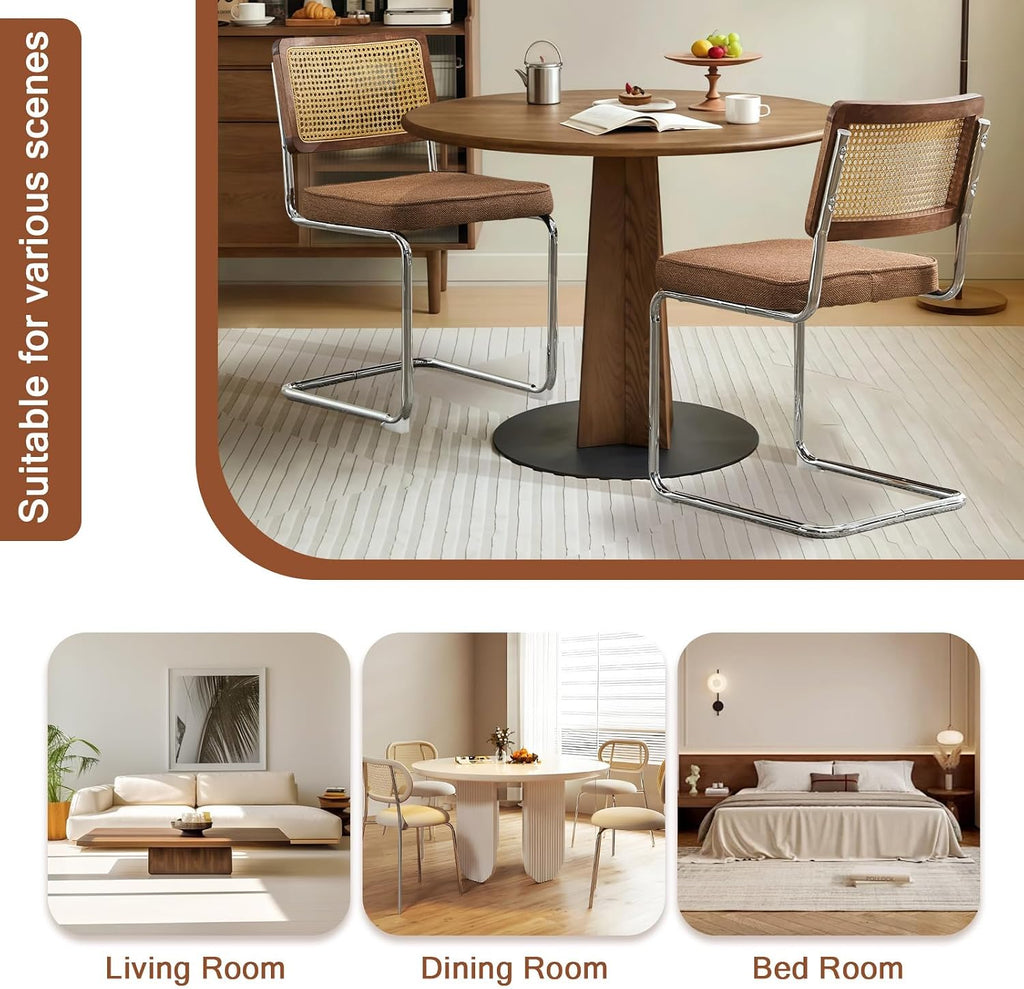 Rattan Back Linen Dining Chair Set of 4 Modern Stainless Chrome Base Armless Upholstered Side Chair for Dining Room, Kitchen Island,Coffee