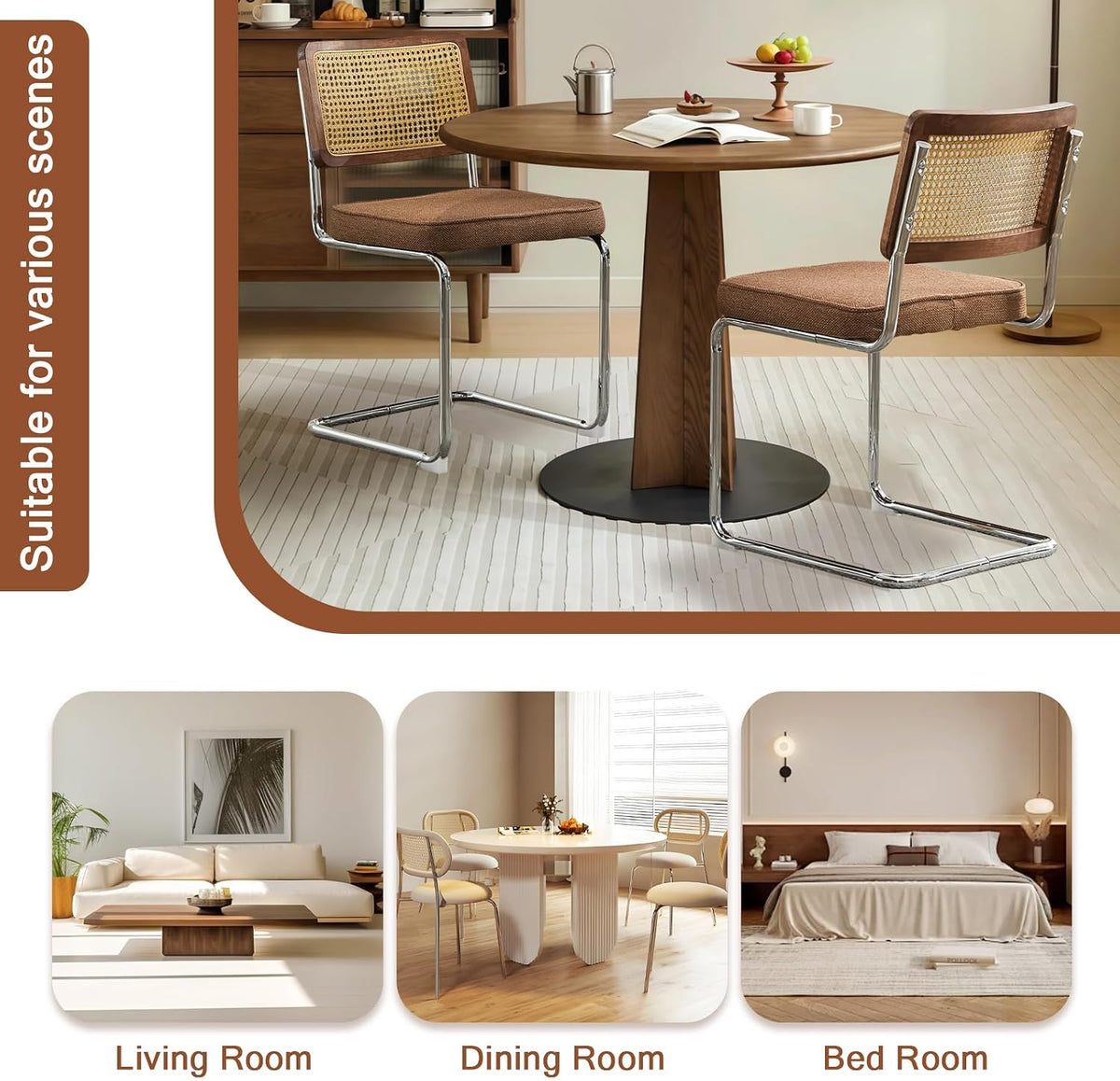 Rattan Back Linen Dining Chair Set of 4 Modern Stainless Chrome Base Armless Upholstered Side Chair for Dining Room, Kitchen Island,Coffee