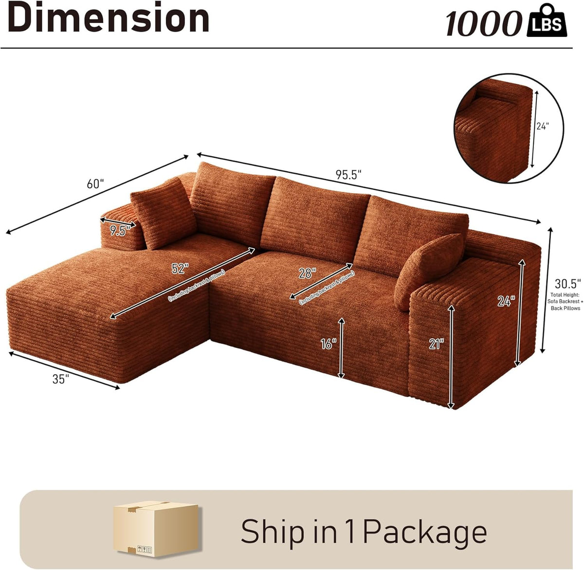 Cloud Sectional Couch Modular Sectional Sofa, 96" Comfy Fluffy Orange L Shaped Couches for Living Room, Deep Seat Plush Corduroy Memory Foam Couch with Left Facing Chaise Sofa