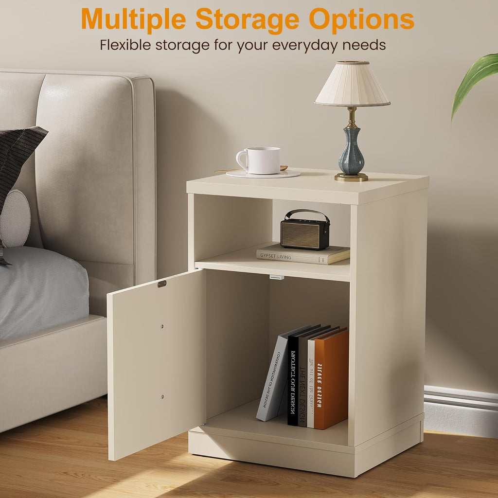 RoyalCraft End Table Set of 2, Nightstand with Storage Shelf and Door, Faux Two-Drawer Design Side Table, Wood Beside Table for Small Spaces, Modern NightStand for Living Room Bedroom Dorm, Beige