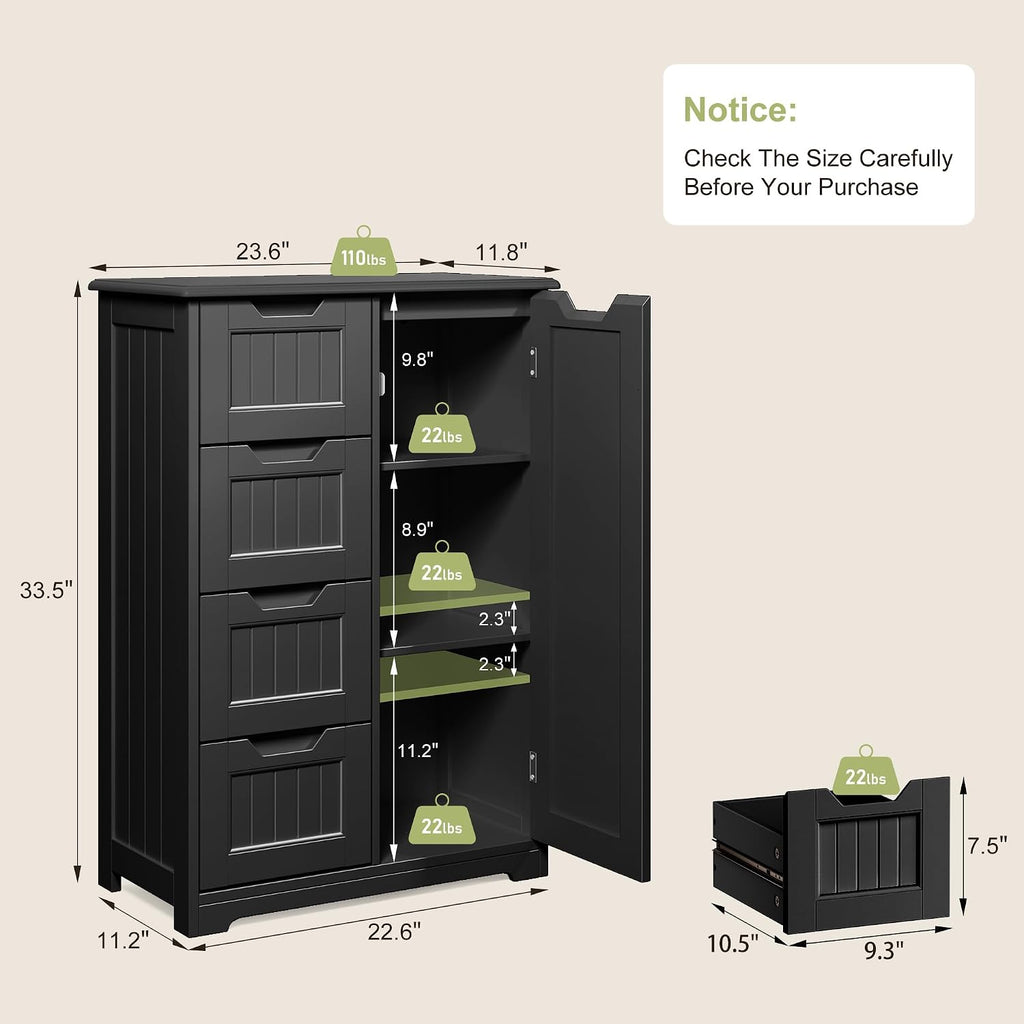 Gizoon Small Pantry Cabinet with Door and Shelves, 33'' Kitchen Pantry Cabinet Freestanding Wooden Bathroom Storage Cabinet with 4 Drawers for Kitchen and Dining Room, Black, Painted