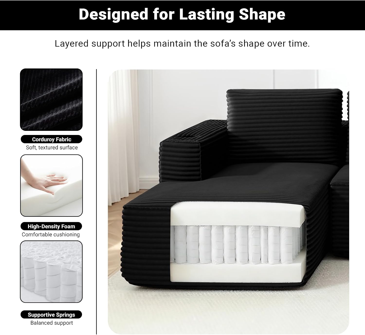 ivoros 125" Cloud Couch Sectional, Modular Sofa with Cup Holder and Storage Pocket, Corduroy U Shaped Sofas, Couch in a Box, No Assembly Required, Black Couches for Living Room
