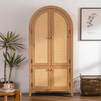 Hassyee Arched Kitchen Pantry Cabinet, Arched Bookcase Rattan Storage Cabinet with Doors Adjustable Shelves, Farmhouse Freestanding Cupboard for Bathroom, Living Room, Dining Room
