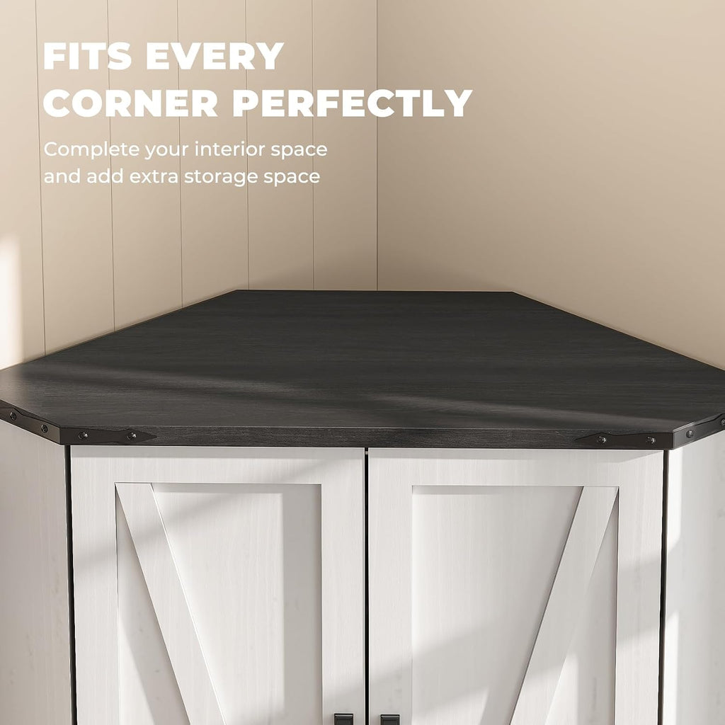 Dripex 71" White Corner Pantry Cabinet, Farmhouse Tall Storage Cabinet with Doors, Adjustable Shelves & LED Light, Kitchen Food Cabinet for Living/Dining Room