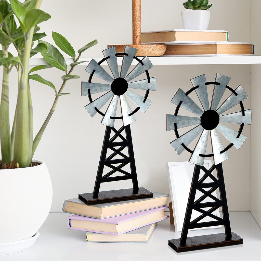 Set of 2 Wooden Farmhouse Windmill Table Top Decor Wood Small Distressed Black Grey Rustic Windmill Themed Table Decor for Kitchen Garden Home
