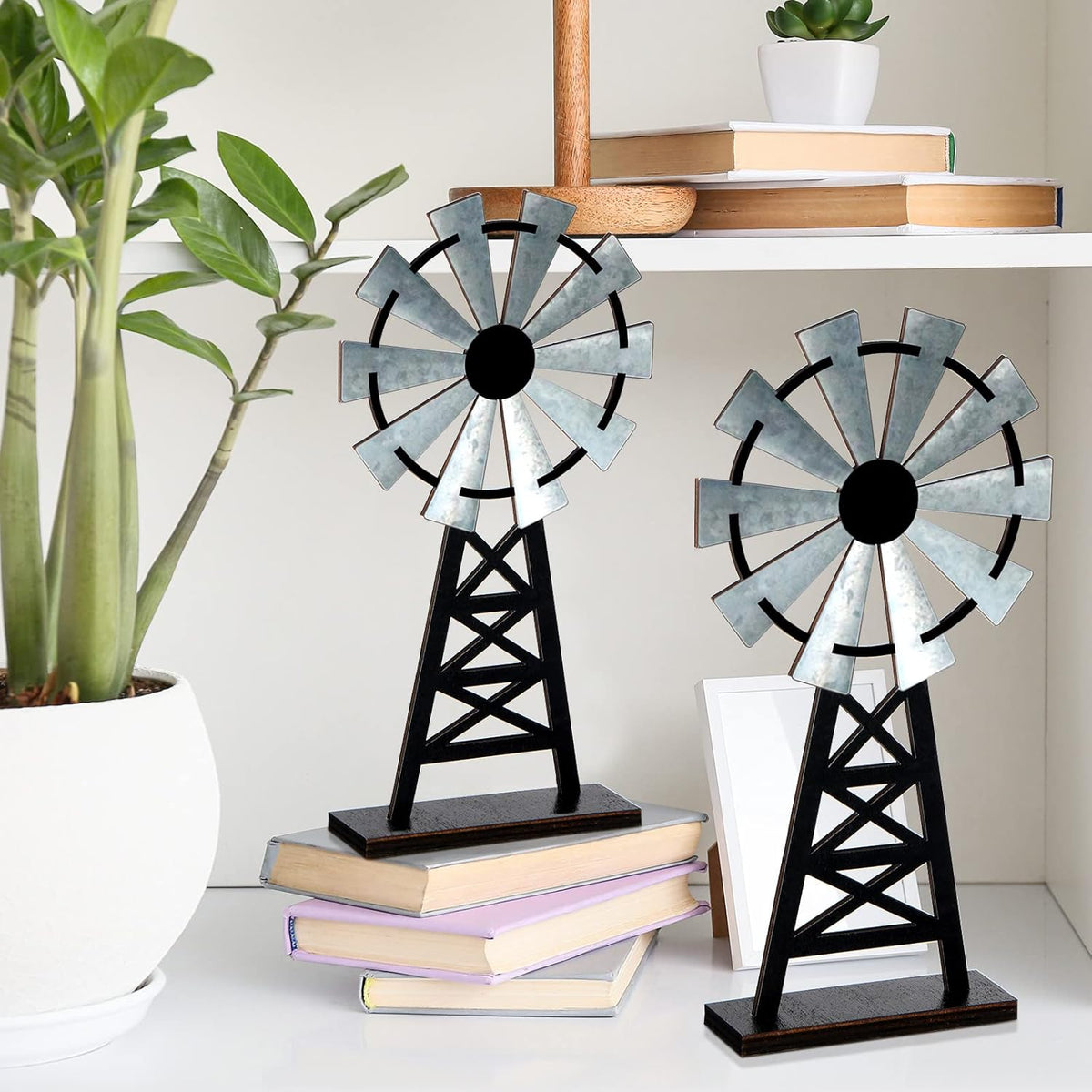 Set of 2 Wooden Farmhouse Windmill Table Top Decor Wood Small Distressed Black Grey Rustic Windmill Themed Table Decor for Kitchen Garden Home