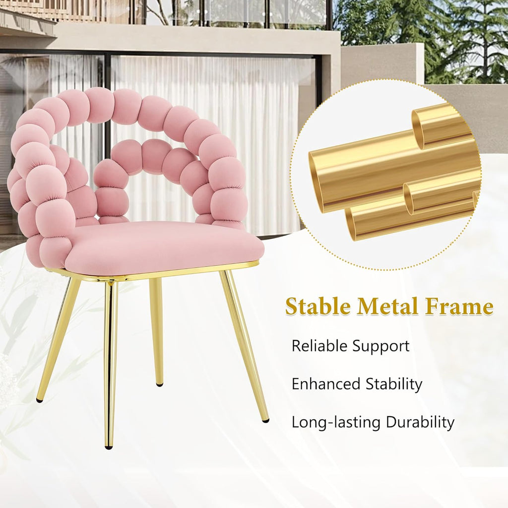 TesNus Velvet Dining Chairs Set of 4, Pink Upholstered Velvet Chairs with Gold Metal Legs, Modern Armchairs with Curved Backrest for Dining Room, Living Room, or Makeup Vanity
