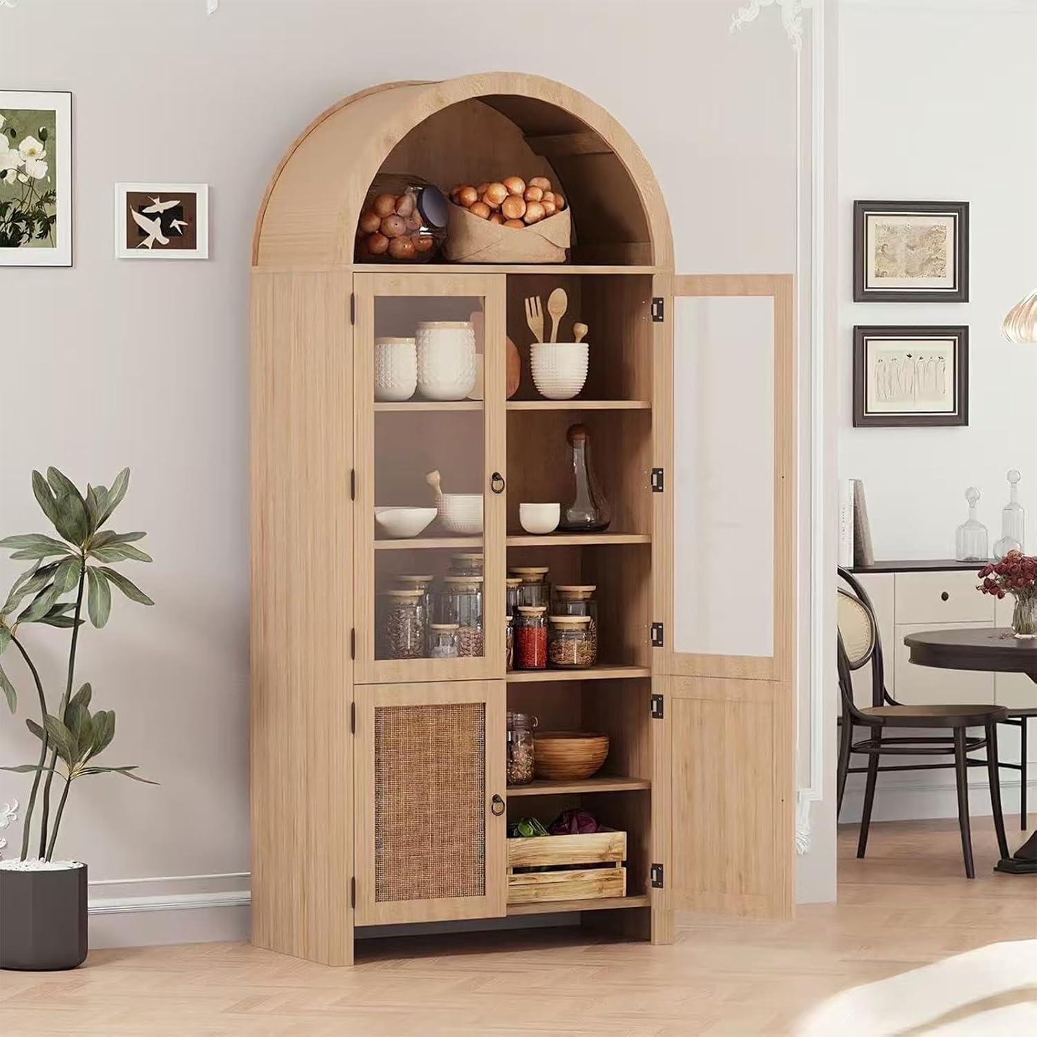 Patikuin Tall Arched Cabinet, Arched Pantry Cabinet with 4 Doors & 6 Open Shelves, 71 Inch Farmhouse Kitchen Arched Cabinet for Living Room, Dining Room, Kitchen Bathroom