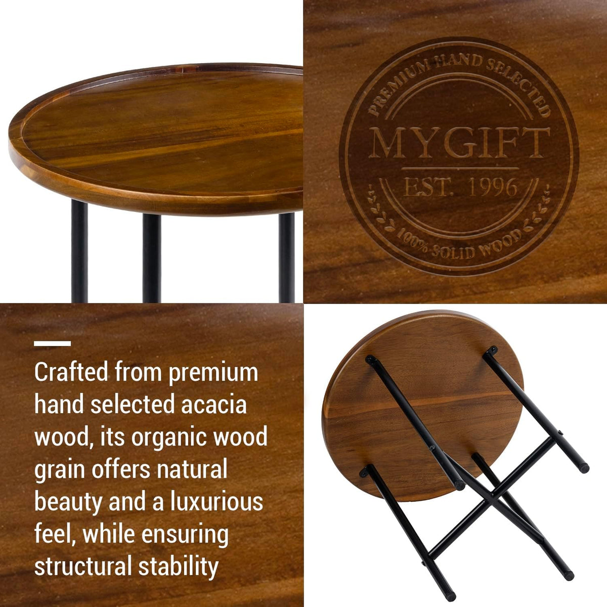 MyGift Round End Table, Premium Acacia Solid Wood End Table with 19 Inch Wooden Top and Black Metal Frame, Small Side Table for Home Living Room Bedroom Furniture