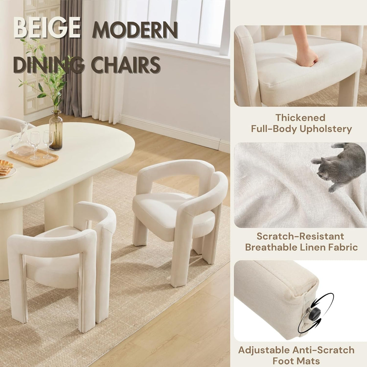 Hyfirm Upholstered Linen Barrel Dining Chairs Set of 6, Modern Accent Kitchen Chairs with Arms Comfy Side Chairs with Arms for Dining Room Bedroom Vanity Reception, Beige
