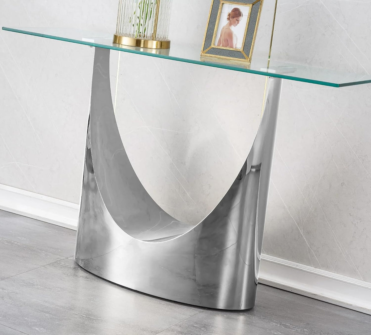 Luxury Silver Glass Console Table, Modern 47" Rectangle Entryway Table with Mirrored U-Shape Stainless Steel Base, Clear Glass Sofa Tables Behind The Couch Hallway Tables for Living Room