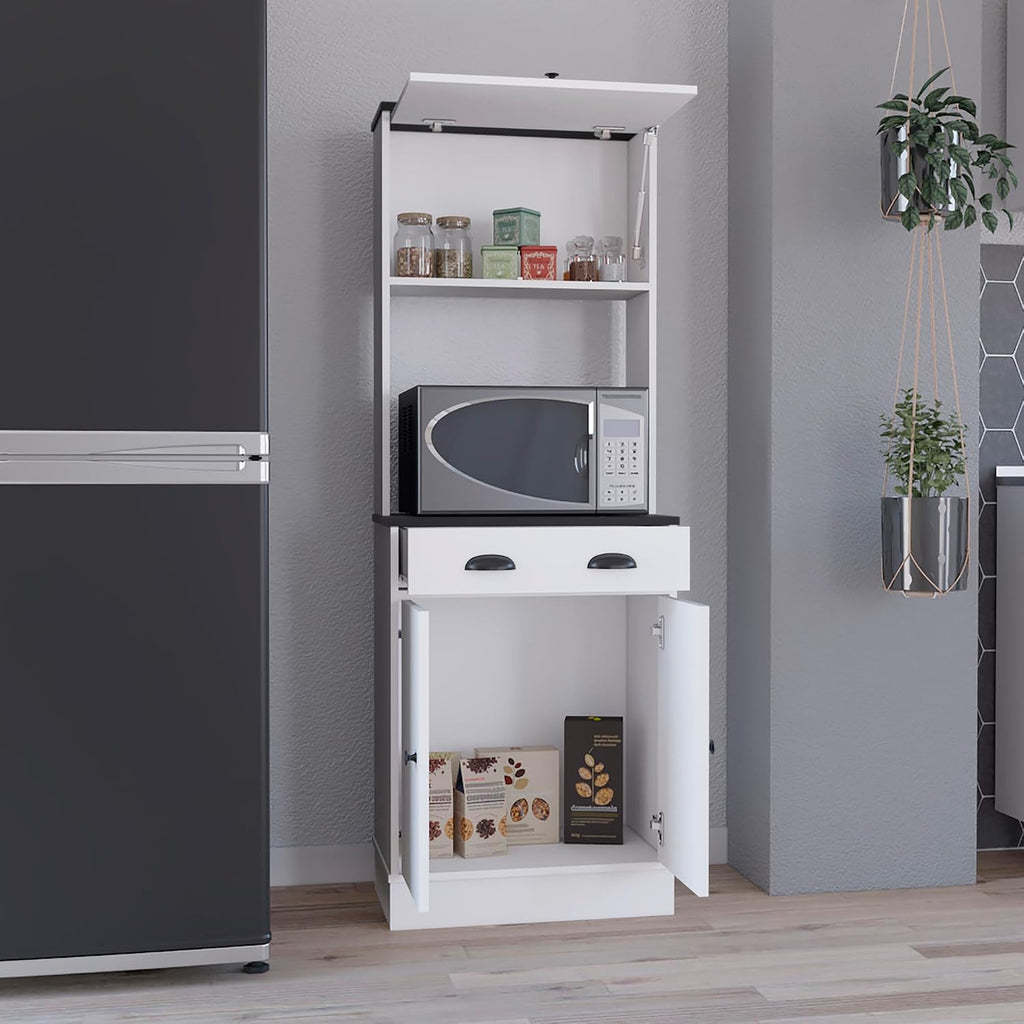 Apex Kitchen Pantry 66.3" H with Drawer, 2 Cabinets, and Microwave Stand, White/Black