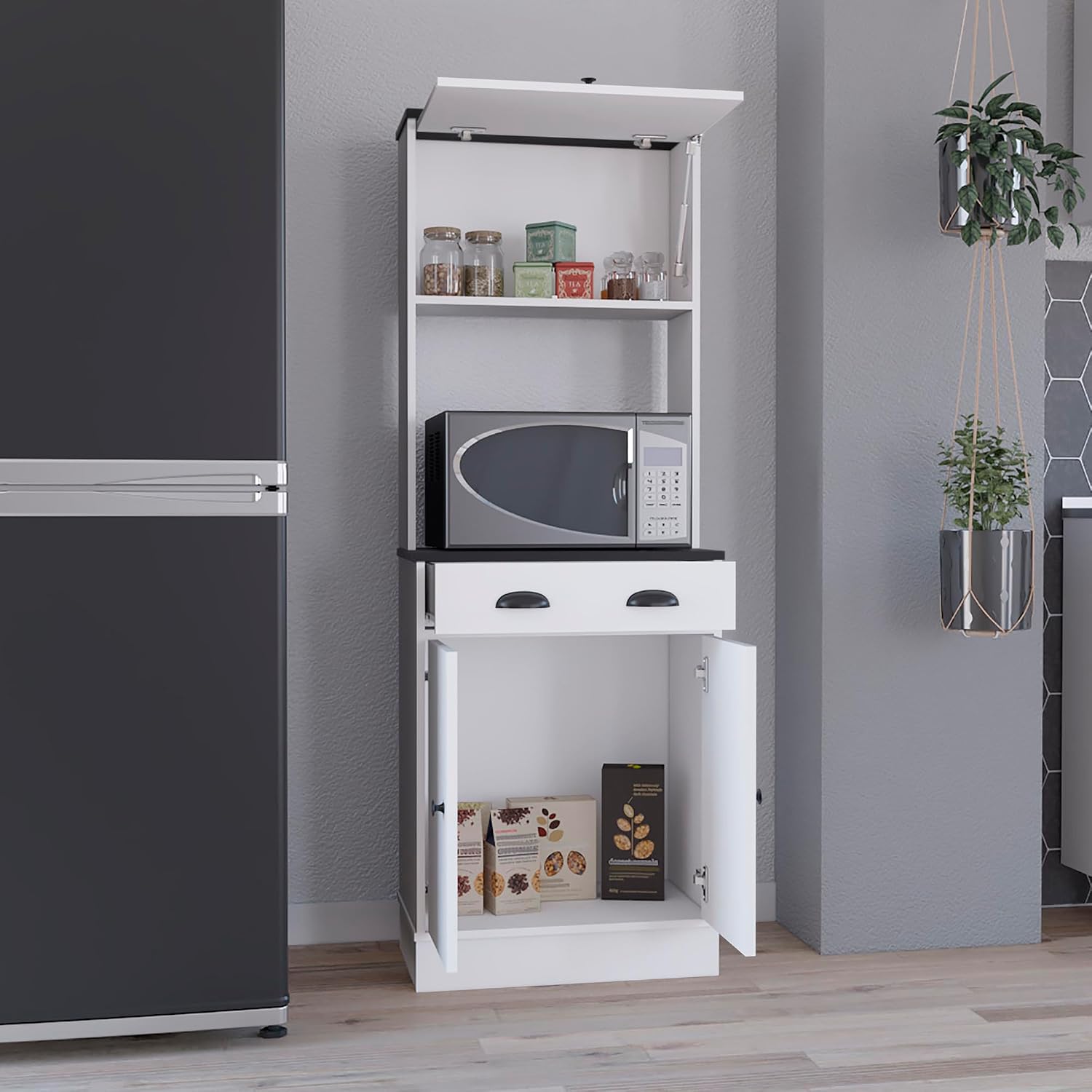 Apex Kitchen Pantry 66.3" H with Drawer, 2 Cabinets, and Microwave Stand, White/Black