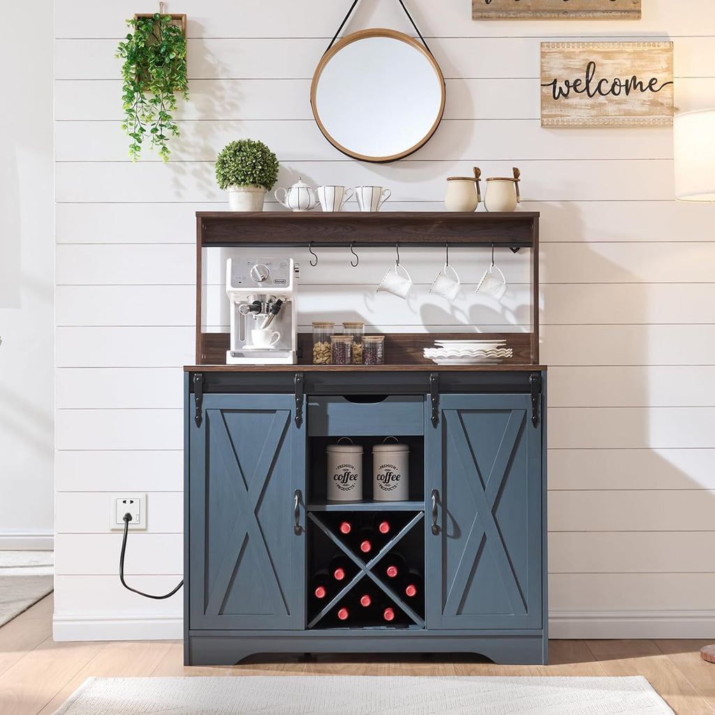 Wnutrees Farmhouse Coffee Bar Cabinet with Charging Station and USB Ports,Sliding Barn Door,39" Kitchen Hutch Sideboard Buffet Storage Cabinet,Fits Kitchen Dining Living Room, Blue