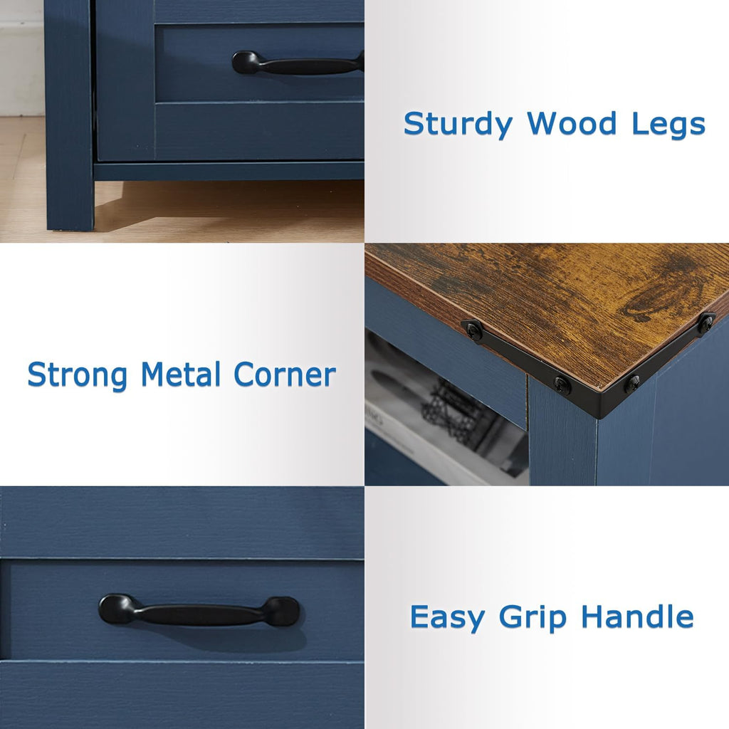 Farmhouse Nightstands Set of 2 with Charging Station, End Table with 2 Drawers and Open Shelf, Wooden Bedside Cabinet for Bedroom, Home Office, Living Room, Blue