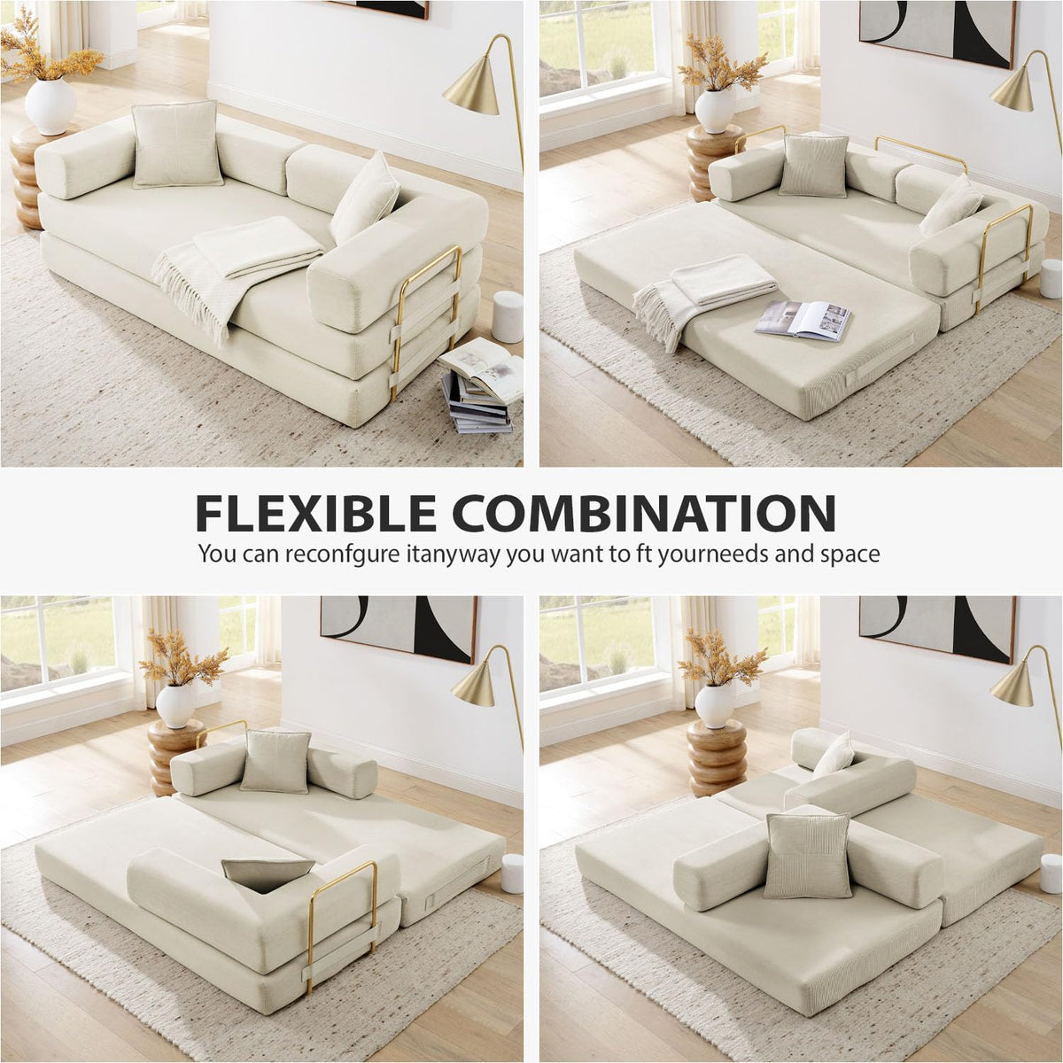 HANXIN 78 Inch Convertible Sleeper Sofa Bed, Folding Floor Mattress Couch with Fixed-Shape Frame, Futon Couch Lounge Loveseat with Pull Out Bed, No Assembly Required (Beige)