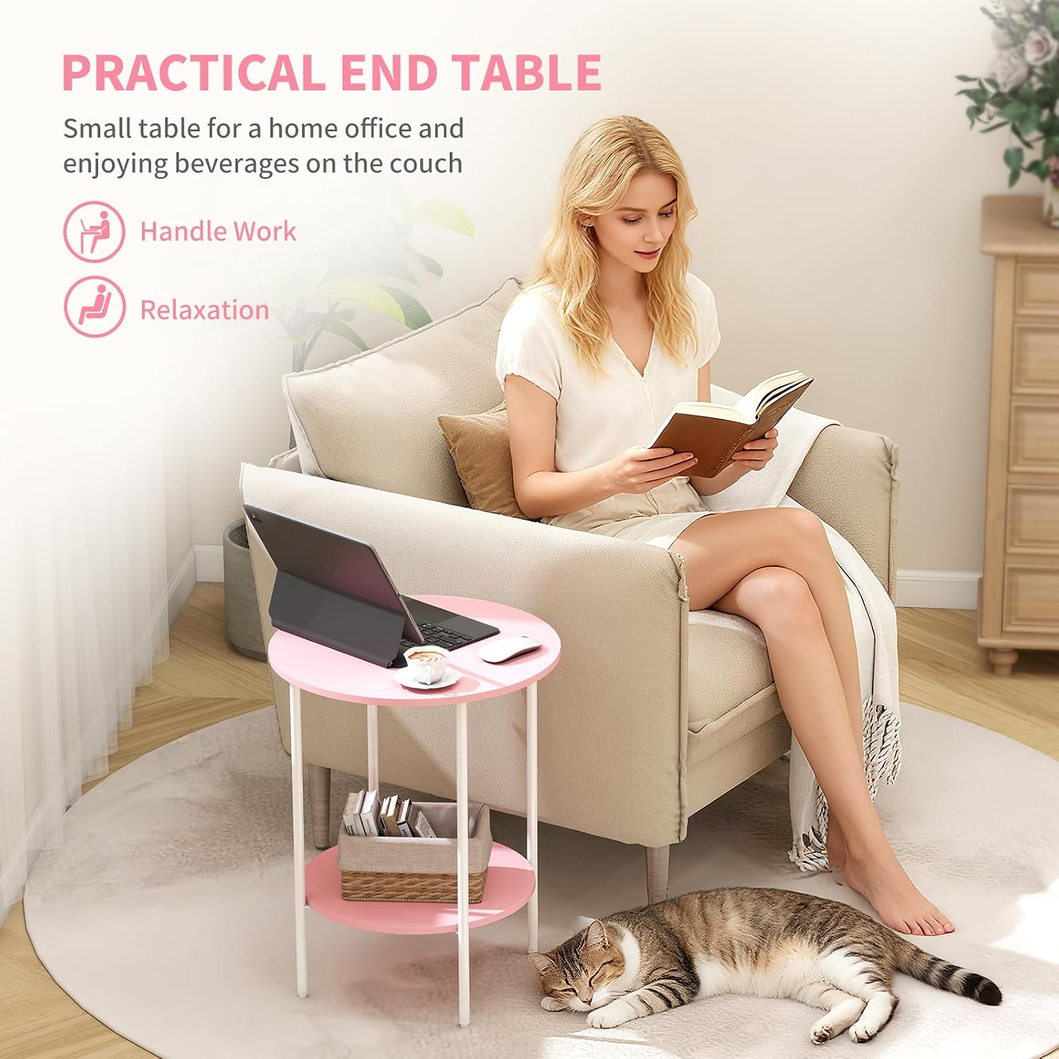 Side Table,Round End Table with 2 Storage Shelves| Compact Side Tables for Living Room, Couch, Gym, Office & Bedroom | Narrow Accent Table as Space-Saving Small Bedside Table 18x18x22in(Pink)