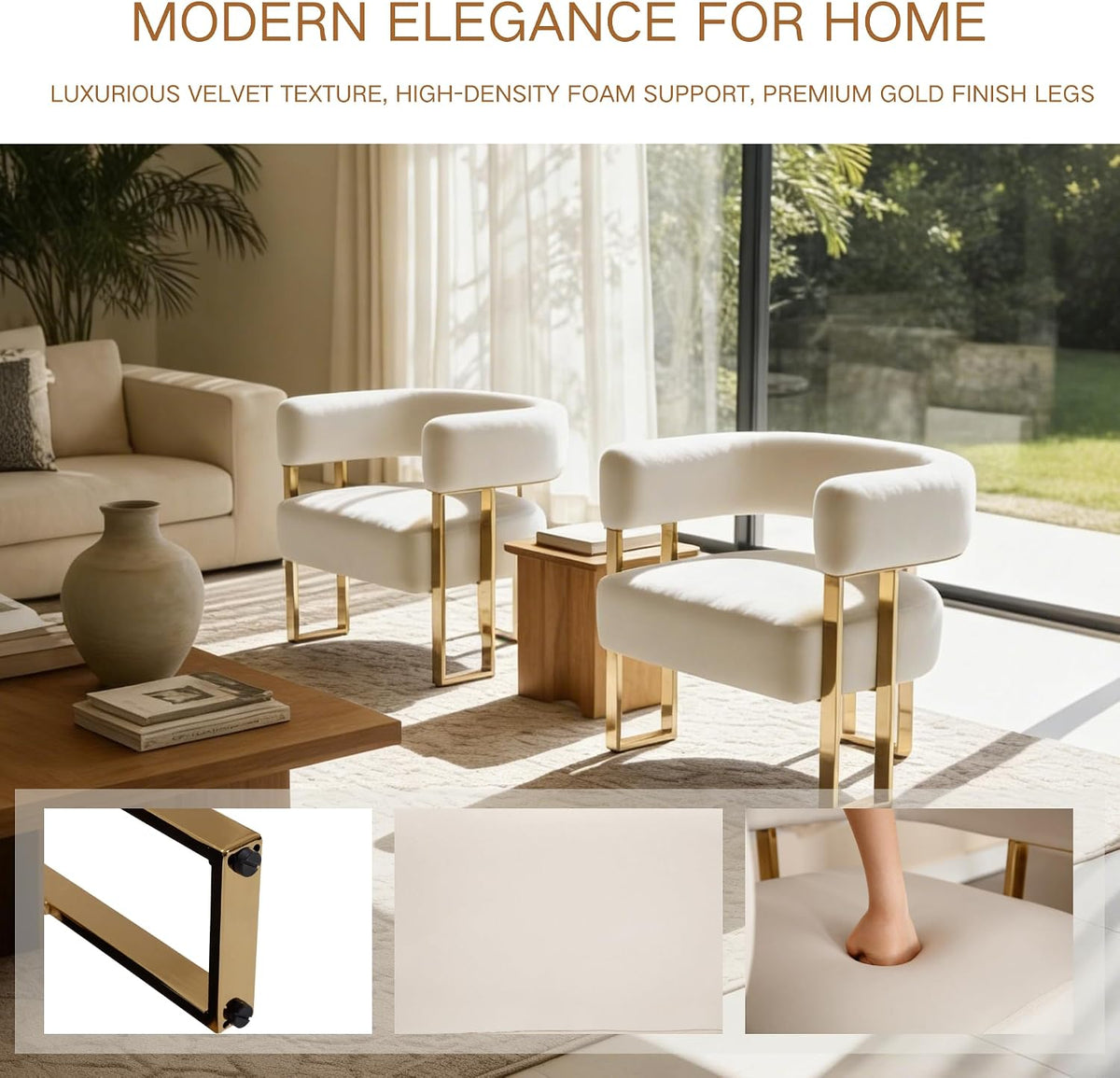 Barrel Accent Chair Set of 2 with Metal Frame Legs, Modern Velvet Living Room Chairs, Mid Century Upholstered Single Lounge Sofa Armchair for Living Room/Bedroom/Reading Room, Beige