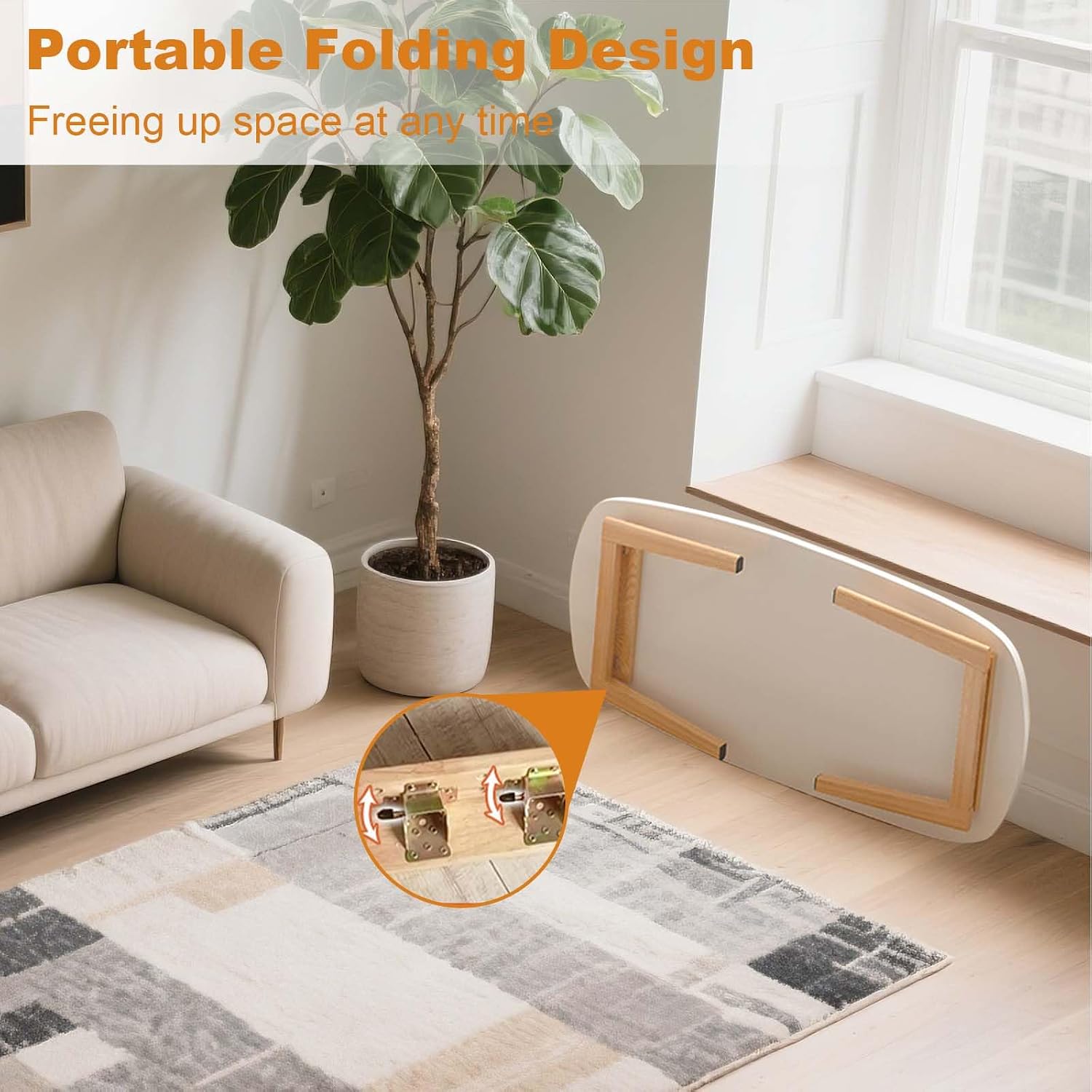 Foldable Coffee Table for Small Spaces, Low Study Table for Sitting On The Floor, Wood Folding Coffee Tables for Living Room, Bedroom, Home Office, Apartment, Dorm (White)