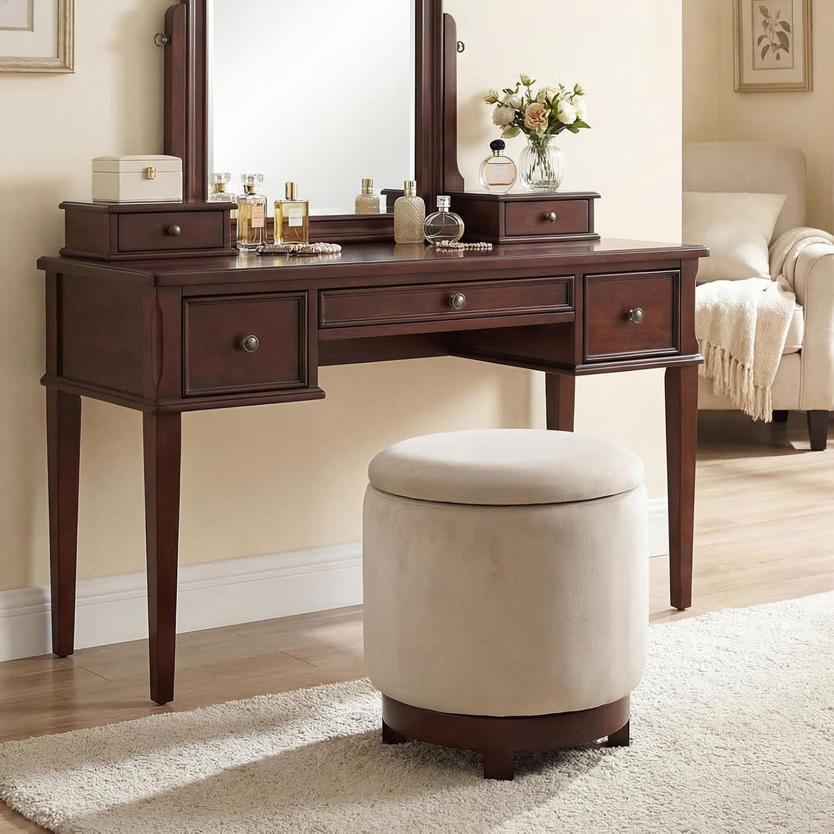 GIANTEX Round Ottoman with Storage, 360° Swivel Velvet Vanity Stool with Removable Lid, Wood Frame & Legs, Ottoman Foot Rest for Living Room, Bedroom, Makeup Room No Assembly (White & Walnut)