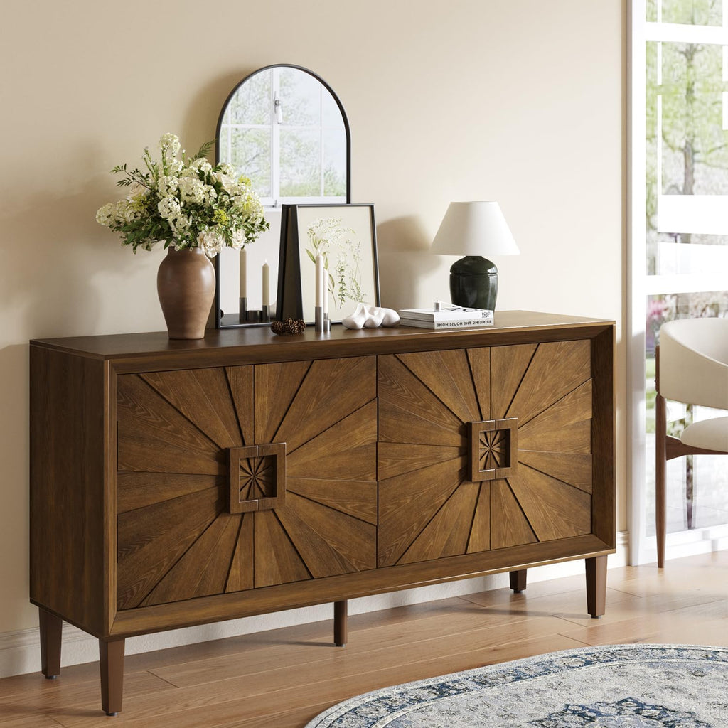 Large Buffet Sideboard Cabinet with Storage,60" Modern Cedenzas Buffet Table American Farmhouse Charm Cabinet with 4 Symmetrical Sunburst Doors for Living Room Hallway, Antique Brown