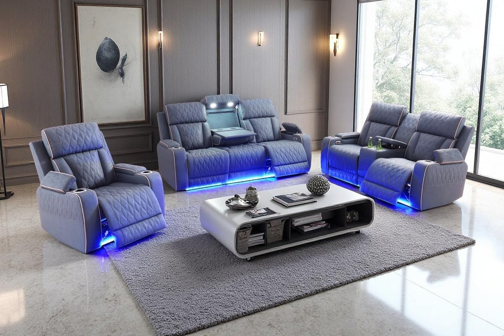 A Ainehome Sanded Leather Power Recliner Sofa Set with LED, 3 Pieces Living Room Furniture Sets, Blue Gray Reclining Sofa Sectional Couches for Living Room with USB Port/Storage Console/Cup Holders