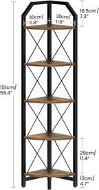 CHOEZON 59.4" Corner Shelf, 5-Tier Industrial Corner Bookshelf, Corner Storage Stand, Plant Stand Display Shelf, Bookcase for Bedroom, Living Room, Home Office, Rustic Brown and Black TCJ10BF