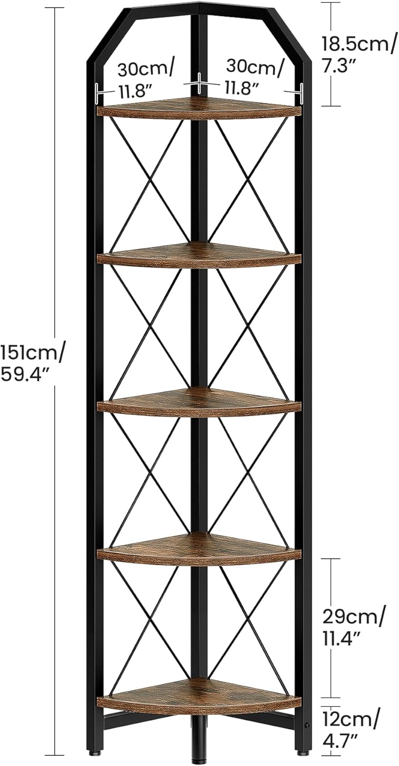 CHOEZON 59.4" Corner Shelf, 5-Tier Industrial Corner Bookshelf, Corner Storage Stand, Plant Stand Display Shelf, Bookcase for Bedroom, Living Room, Home Office, Rustic Brown and Black TCJ10BF