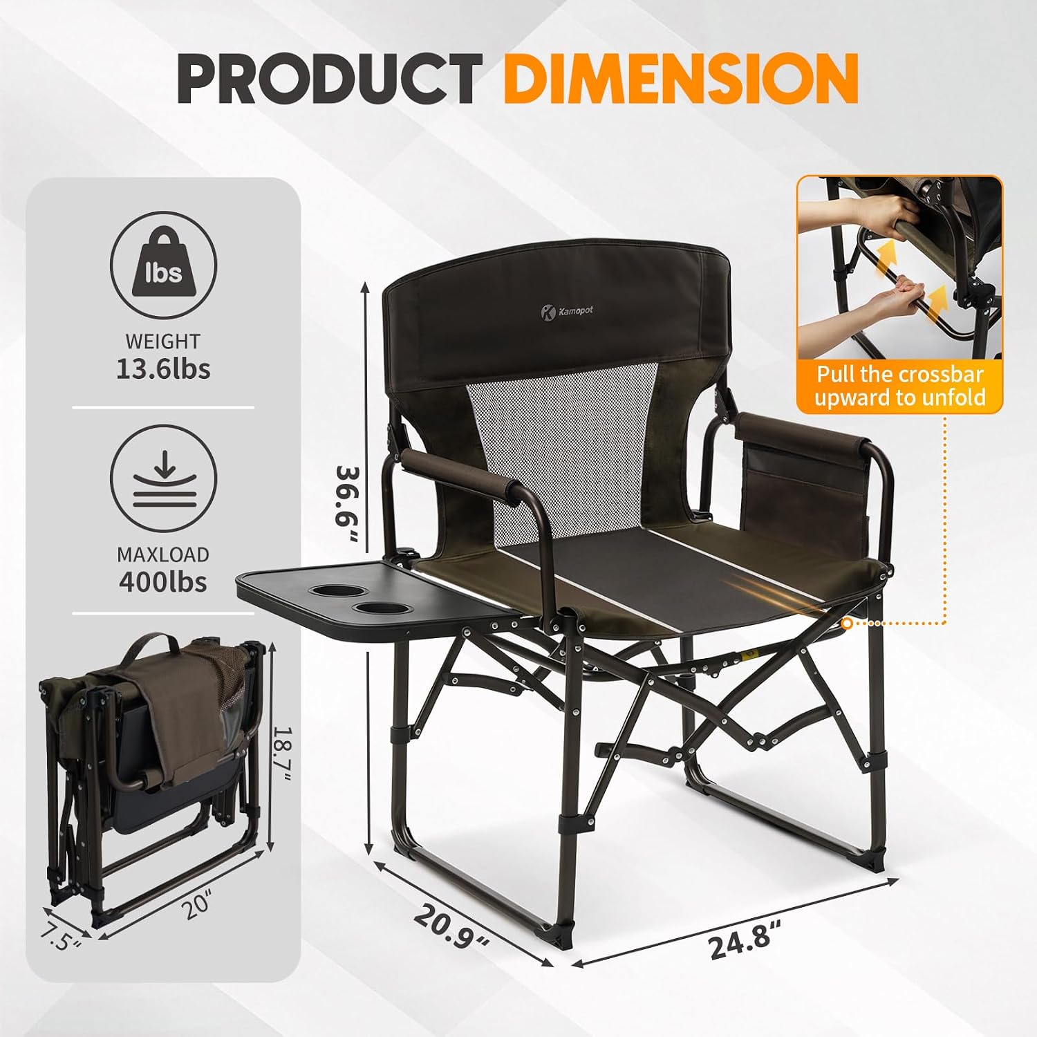 Directors Chair Foldable with Side Table, 400lb Heavy Duty for Adults Outdoor, Folding Camping Chair for Sideline Sports, Fishing, Patio, Lawn, Picnic, Beach, 1-Pack Brown
