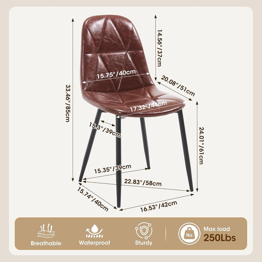 Set of 4 Brown Dining Chairs – Modern Armless Kitchen & Dining Chairs, Faux Leather Upholstery, Ergonomic Backrest & Sturdy Metal Legs