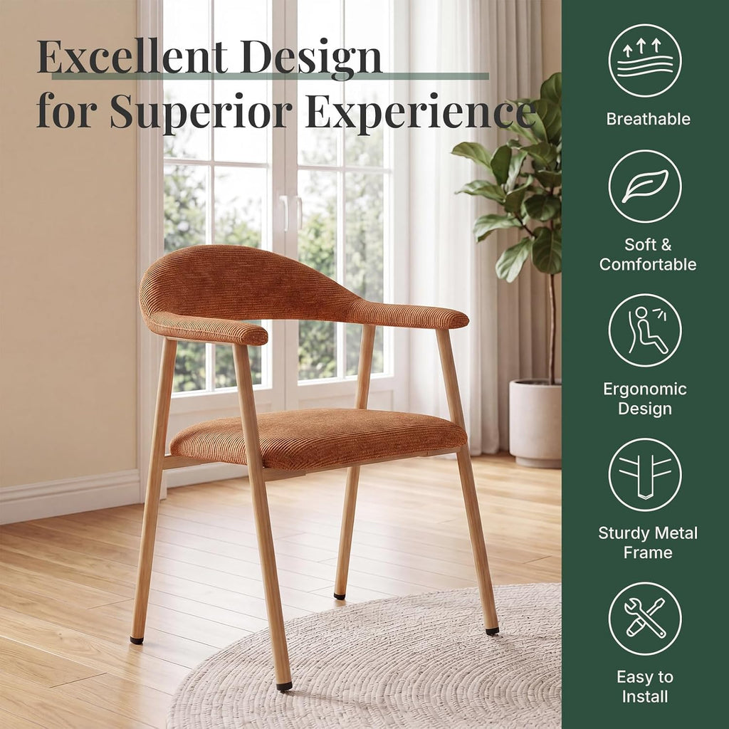 Dining Chairs Set of 4, Fabric Kitchen Side Chair for Living Room | Modern, Upholstered, Ergonomic Curved Backrest, Armrest, Metal Wood Grain Legs, Comfy, Orange