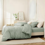 JIYUAN 100% Washed Cotton Duvet Cover Set 3 Pieces Queen, 1 Duvet Cover 90x90 Inches(Comforter Not Included) and 2 Pillowcases,Linen Feel Bedding Set Comfy and Breathable, Heathered Sage Green