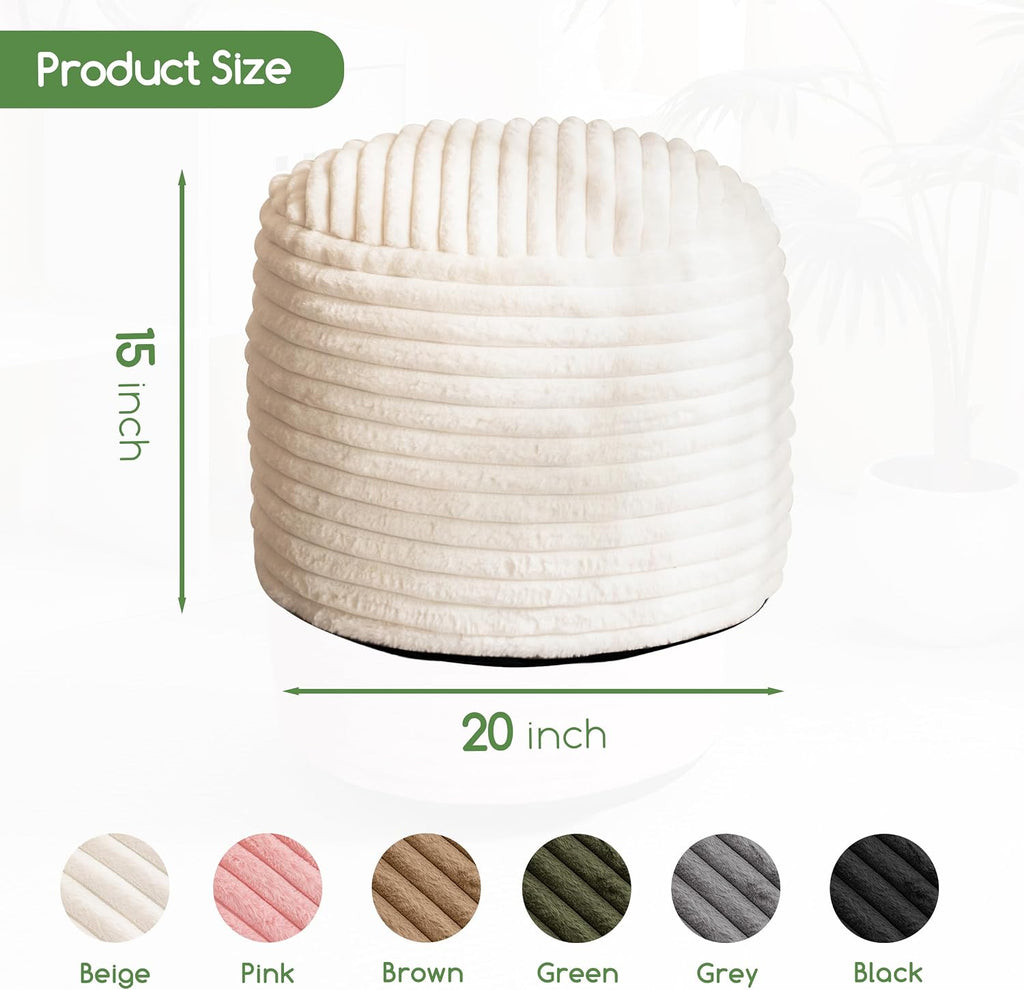 HIGOGOGO Round Stuffed Pouf Ottoman, Stripe Faux Fur Poufs with Foam Chunk Filling, Furry and Fluffy Pouf Foot Stool Storage Ottoman, 20 X 15 Floor Poufs Foot Rest for Living Room, Beige