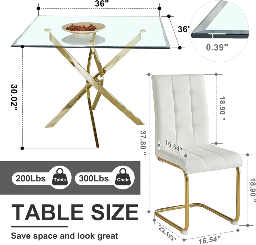 AF ARTISAN FURNITURE 5 Piece Square Glass Dining Table Set, Gold Glass Kitchen Table Set for 4 Modern Table Set with 4 White PU Upholstered Dining Chairs, for Small Space, Breakfast Nook