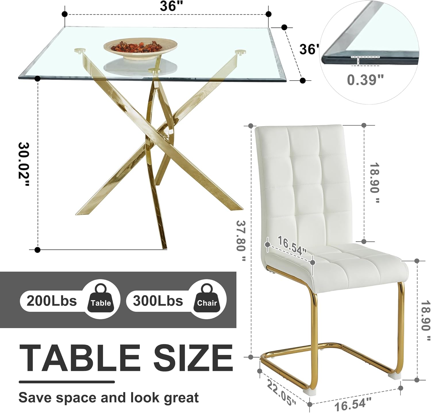 AF ARTISAN FURNITURE 5 Piece Square Glass Dining Table Set, Gold Glass Kitchen Table Set for 4 Modern Table Set with 4 White PU Upholstered Dining Chairs, for Small Space, Breakfast Nook