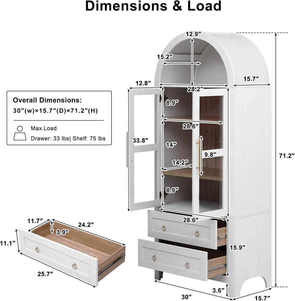 71" Tall Arched Kitchen Pantry Cabinet, Modern Farmhouse Freestanding Food Storage Cabinet with 2 Large Drawers & Adjustable Shelves, Glass Door Wood Cupboard for Kitchen & Dining Room,White