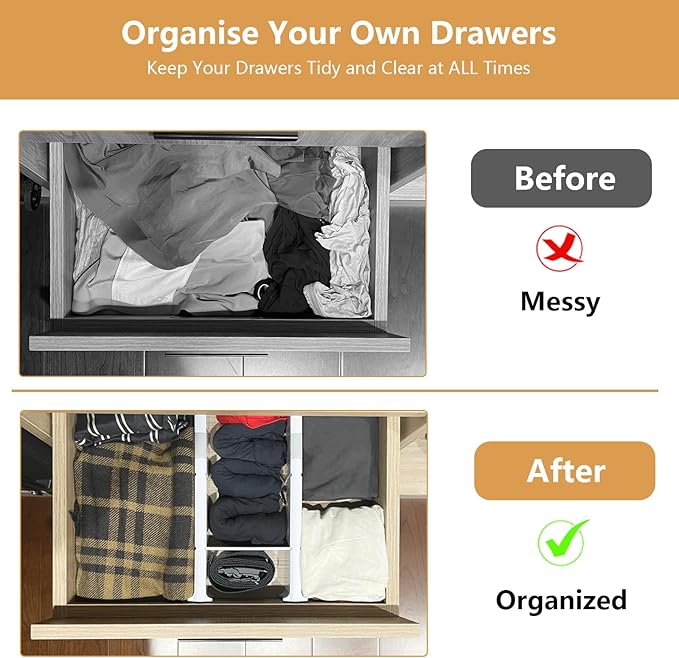 KABUM Upgrade Adjustable Drawer Divider Organizer Clothes Dresser Organizer,Expandable Organization for Home, Office,2.8" High Expandable from 11.7" to 18.5",4 Dividers with 6 Long and 2 Short Inserts