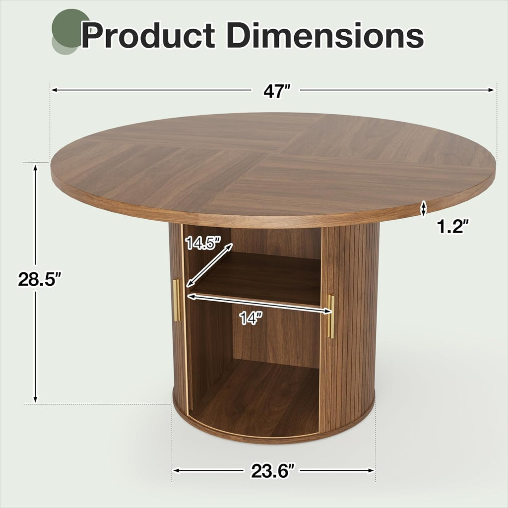 47" Round Dining Table for 4-6, Space-Saving Dining Room Table with Core Rolling Shutter Storage Shelf and Thick Tabletop, Wood Grain Dinner Table for Kitchen, Dining Room, Living Room, Walnut