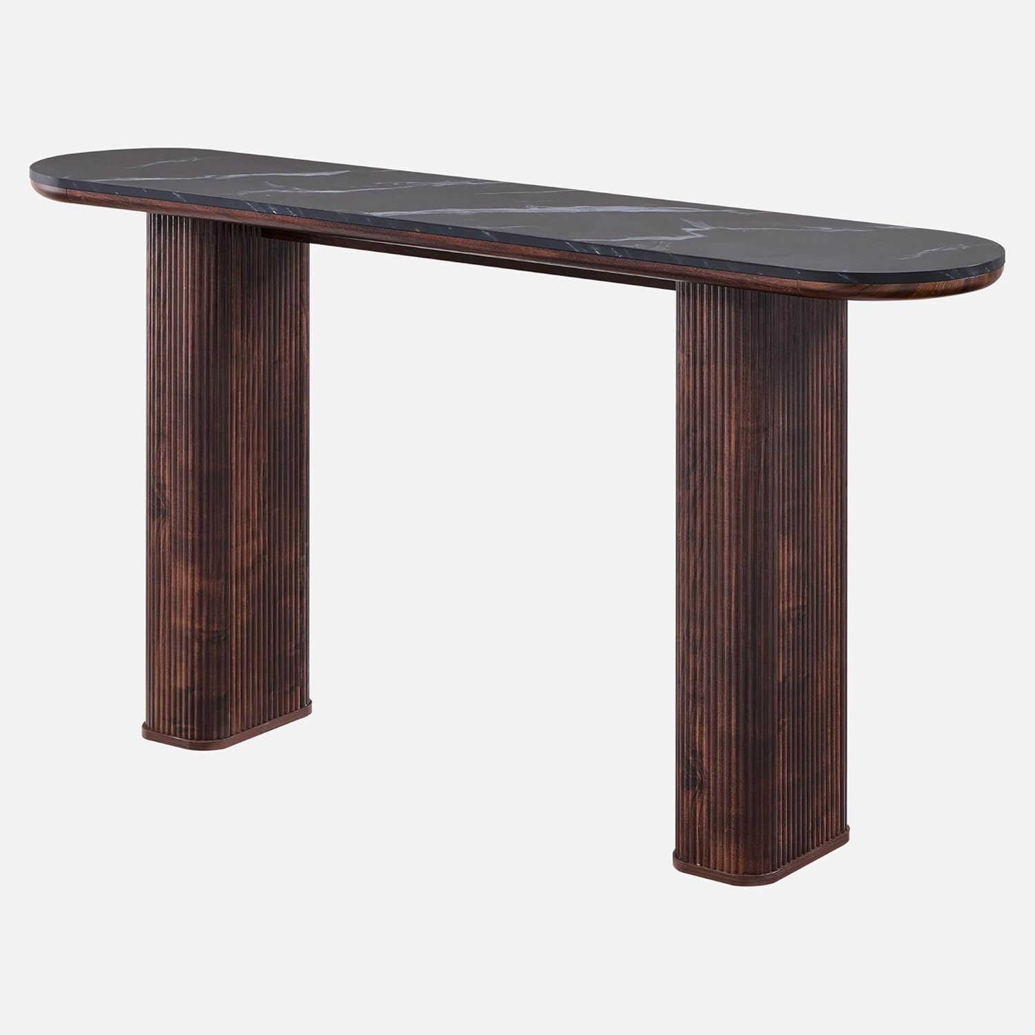 OKD 63 Inch Modern Console Table with Arc Faux Marble Texture Top, Fluted Wood Base, Contemporary Entryway Sofa Table for Living Room, Hallway, Foyer, Dark Walnut