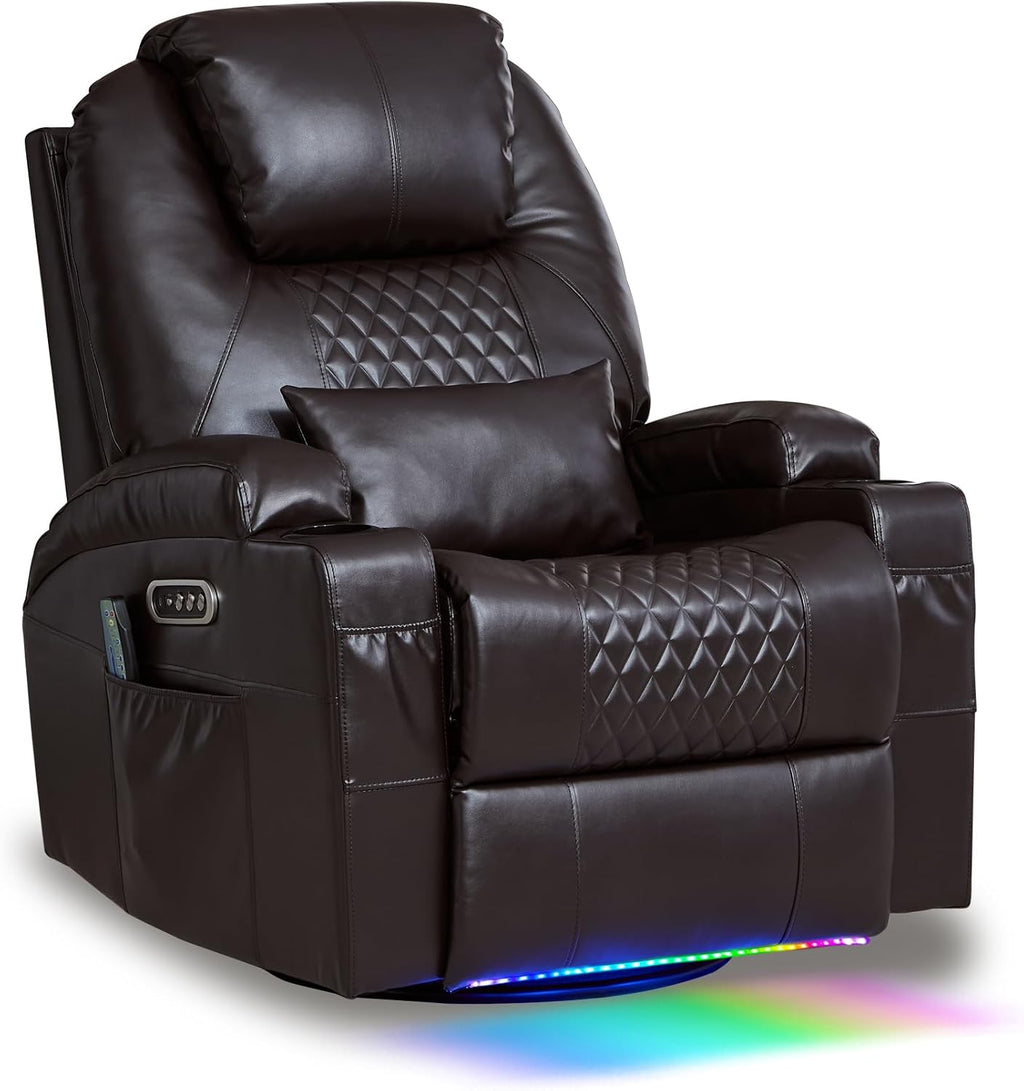 AHMED Dual Motor Power Swivel Rocker Recliner Chair, Faux Leather, Brown | Electric Glider Rocking Chair, Massage & Heat, Cup Holders, LED Lights, USB A/USB C Ports
