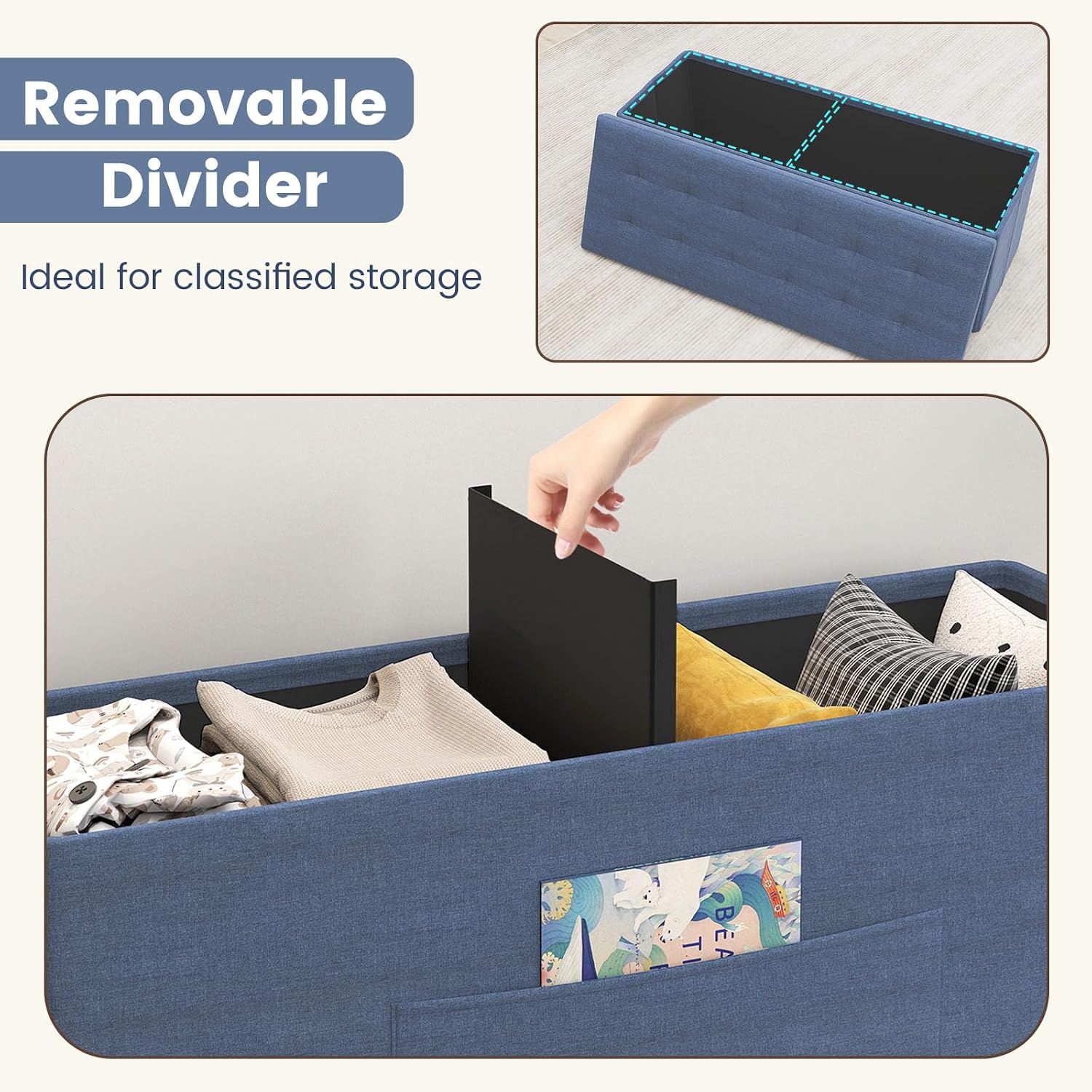 Giantex 43 Inches Folding Storage Ottoman Bench, Upholstered Storage Chest with Side Pocket, Divider, End of Bed Bench, Collapsible Ottoman Foot Rest for Living Room, Bedroom & Entryway (Navy)