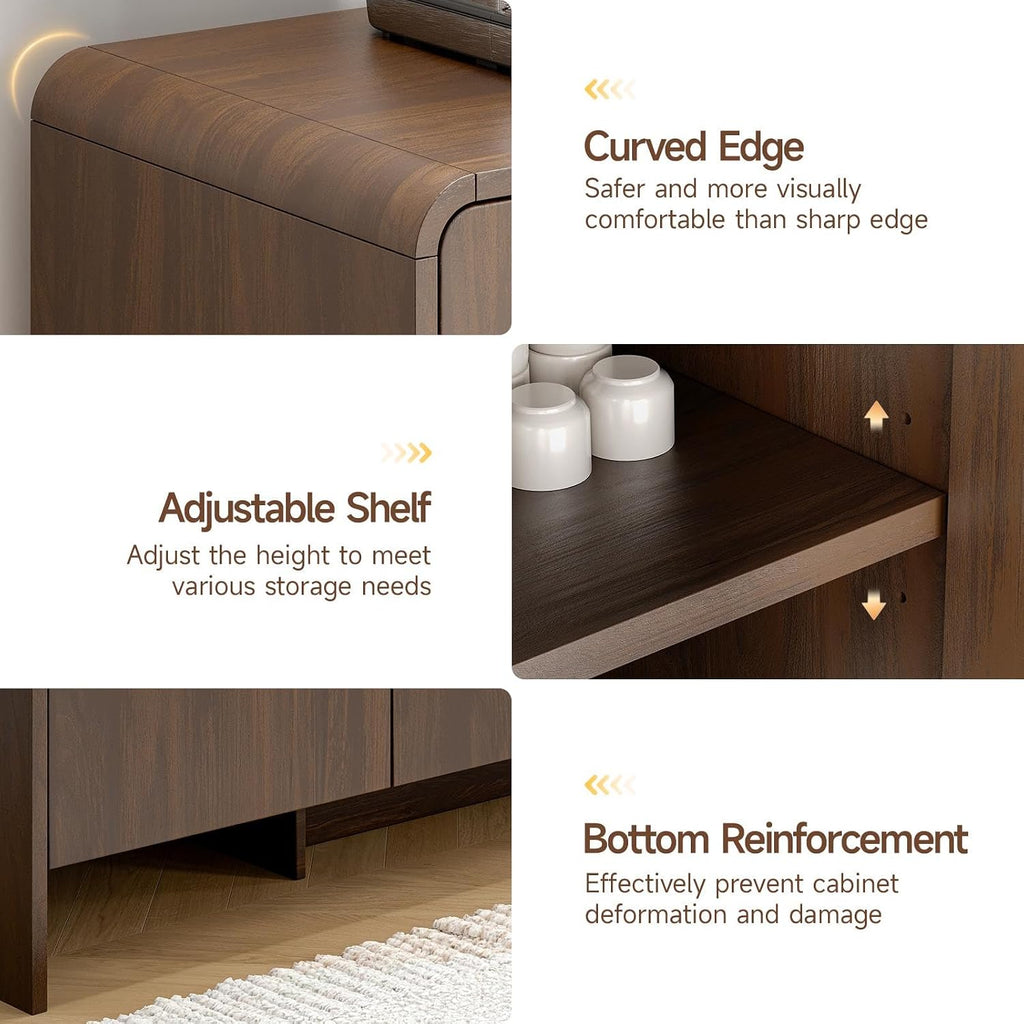 ONBRILL 60" Sideboard Buffet Cabinet with Storage, Curved Design Farmhouse Modern Coffee Bar Cabinet with 4 Doors & Adjustable Shelves for Living Room, Kitchen, Hallway, Walnut