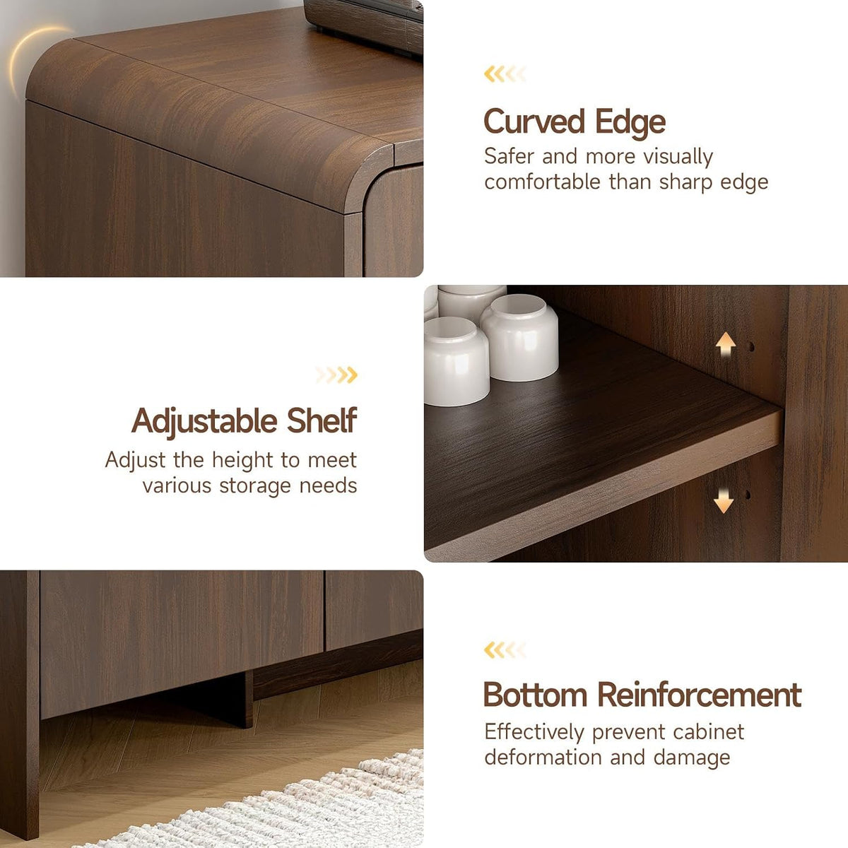 ONBRILL 60" Sideboard Buffet Cabinet with Storage, Curved Design Farmhouse Modern Coffee Bar Cabinet with 4 Doors & Adjustable Shelves for Living Room, Kitchen, Hallway, Walnut
