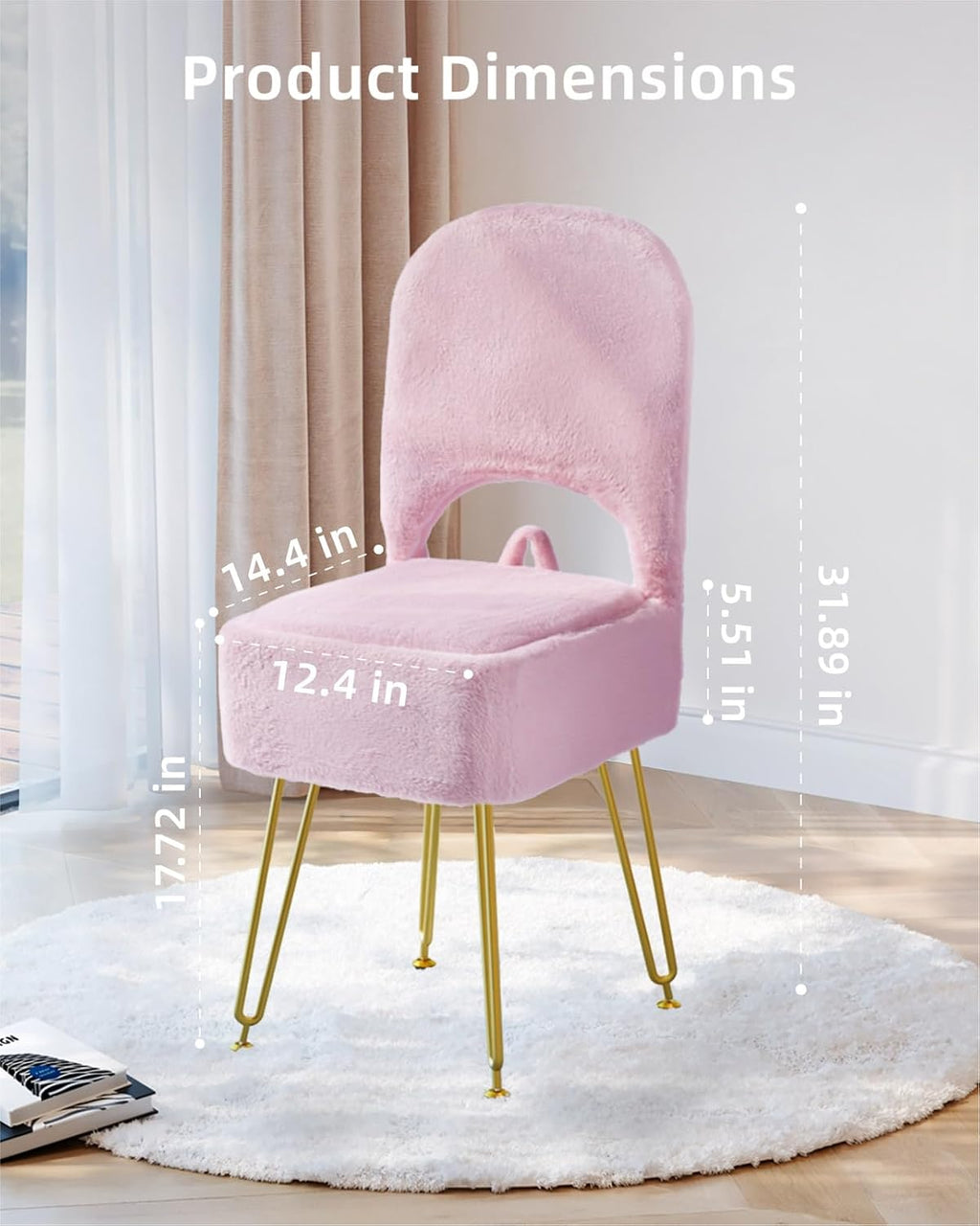Pink Vanity Chair with Storage and Back for Teens - Faux Fur Makeup Vanity Stool, Foldable Ottoman Seat with Anti-Slip Metal Legs for Girls Bedroom, Dorm, Entryway, Living Room